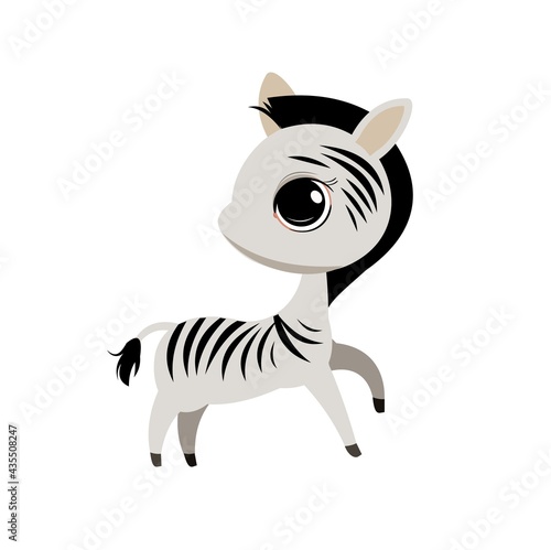 Little zebra cub. Isolated object on a white background. Cheerful kind animal child. Cartoons flat style. Funny. Vector