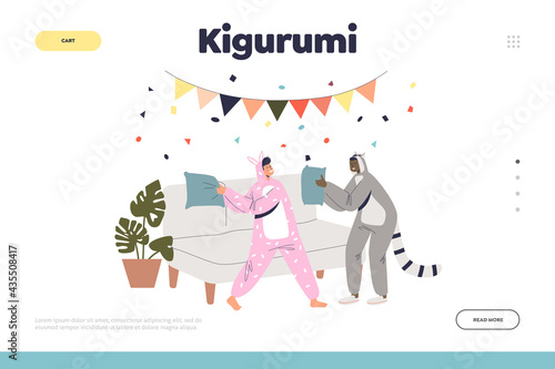 Kigurumi party concept of landing page with boy and girl animal jumpsuit pajamas fighting pillows