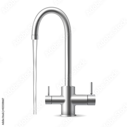 Metal tap with falling water isolated on white background. Realistic chrome faucet with water spray