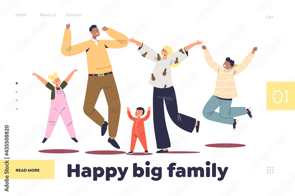 Happy big family concept of landing page with cheerful parents and kids jumping Happy big family concept of landing page with cheerful parents and kids jumping