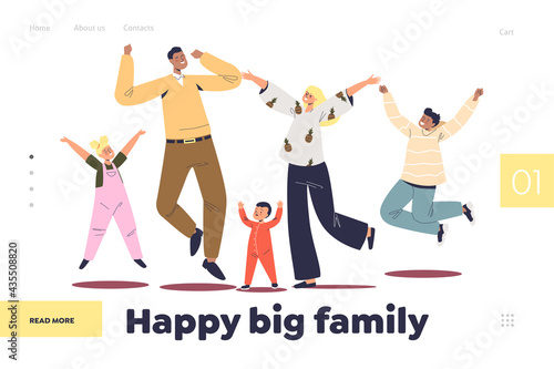 Happy big family concept of landing page with cheerful parents and kids jumping
