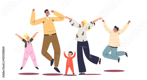 Cheerful happy family jumping. Joyful parents and kids celebrate success, enjoy, spend time together