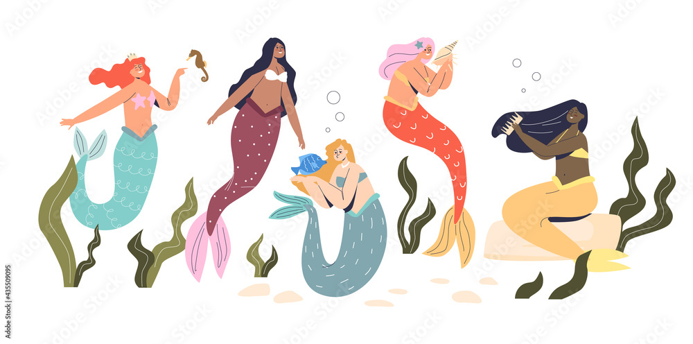 Group of beautiful mermaids, mystery underwater princesses with colorful long hair and fish tail