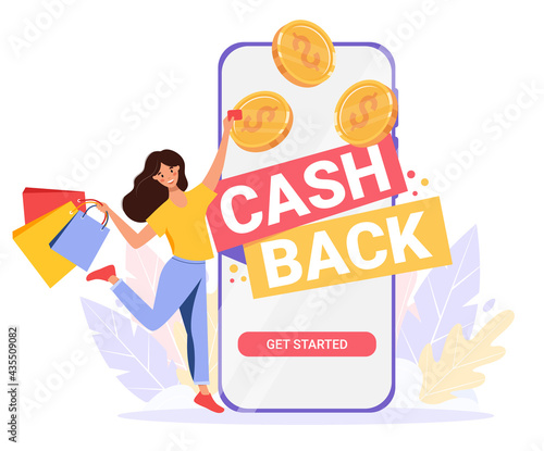 Cashback concept. Young happy woman jumping with shopping bags and credit card.Happy customer paying for purchase with a smartphone and receives a cashback. Leaves and coins in the background. Vector 