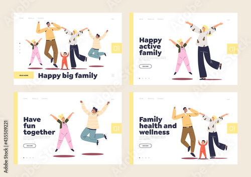 Happy carefree family lifestyle concept landing pages with cheerful active parents and kids jumping