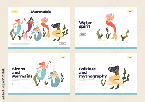 Set of landing pages with mermaids, sirens and water nymphs with long colorful hair and fishtails