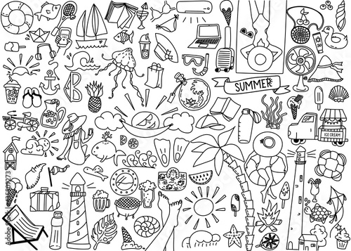 Big set of summer doodle with suitcase, sunglasses, girls, books, cocktails, hat, lifeline, sailboat and ice cream. Vector travel illustrations on white background. More 90 elements