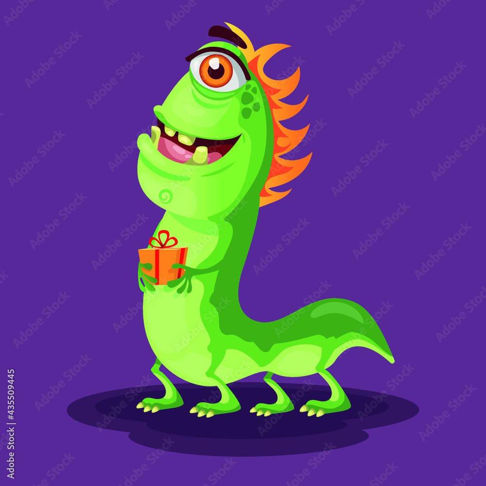 Obraz premium Green Monster vector in empty space crazy monster character creatures with party elements like colorful balloons.