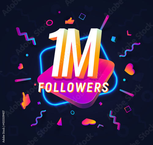 1m followers celebration in social media vector web banner on dark background. One million follows 3d Isolated design elements