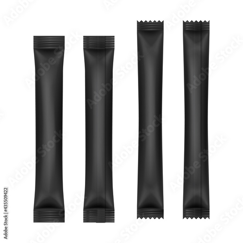 Stick matte sachet package set. Realistic black packaging mockups for coffee, cacao, sugar