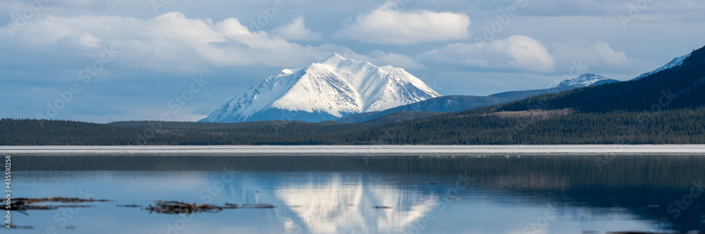 Panoramic shot of  snow capped mountain view scenery seen in northern British Columbia during spring time with blue sky day and clouds. Magnificent vista and relaxing scene. 