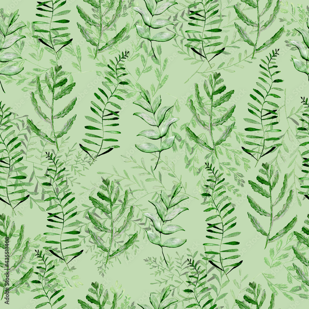 Watercolor pattern with fern leaves. Texture for fabric and wrapping paper. Herbal print.