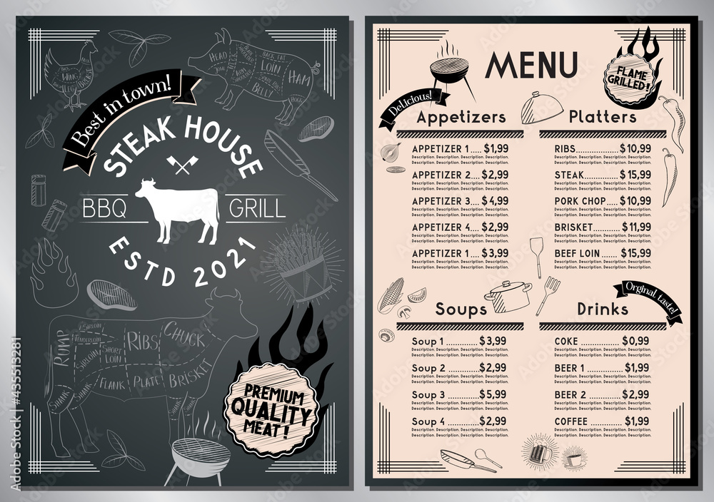 Steakhouse, barbecue grill bar menu template - A4 card (steaks, appetizers, sides, soups, drinks)