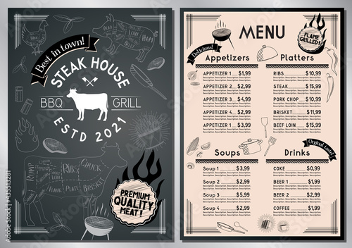 Steakhouse, barbecue grill bar menu template - A4 card (steaks, appetizers, sides, soups, drinks)