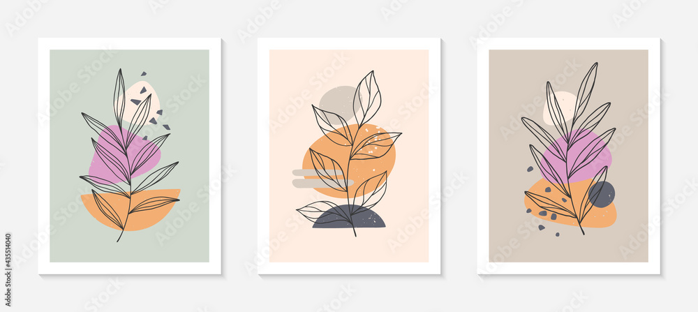 Set of modern abstract vector illustrations with organic various shapes and foliage line art.Minimalist wall art decor.Trendy artistic designs for banners;social media,invitations,covers,wallpaper.