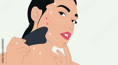 Woman with Gua Sha facial massage tool. Female portrait closeup with lines of massage on the face. Lymphatic massage scheme. Vector illustration.
