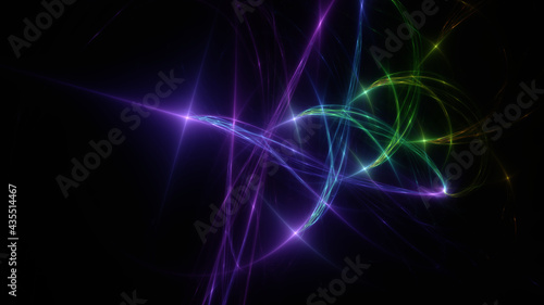 Abstract background, smooth multicolored lines on a black background.