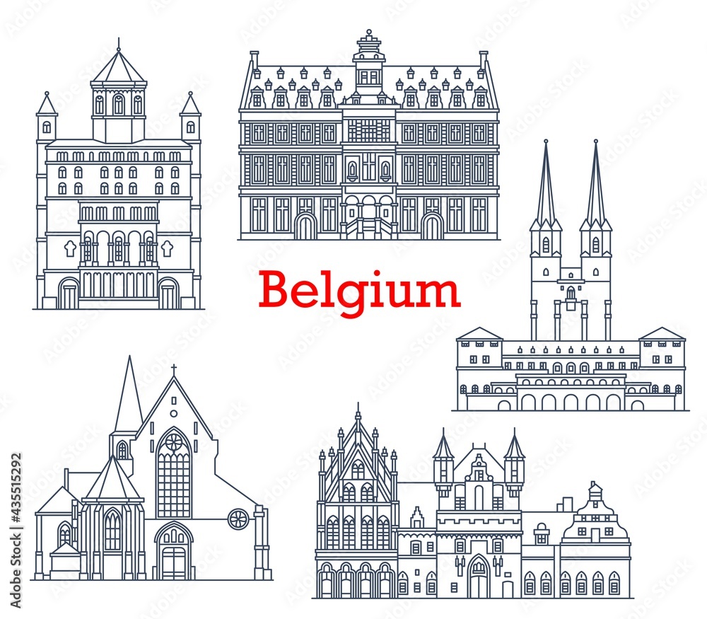 Belgium travel landmarks, architecture buildings, vector Belgian sightseeing icons. Church of St Gertrude in Nivelles and St John in Mechelen, Belgium town hall Stadhuis in Mechlin and Hal city