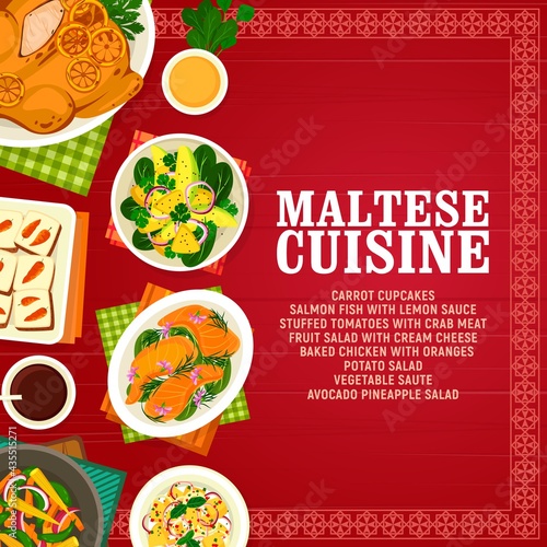 Maltese cuisine vector carrot cupcakes, salmon fish with lemon sauce and stuffed tomatoes with crab meat. Fruit salad with cream cheese, baked chicken with oranges and vegetable saute, food of Malta