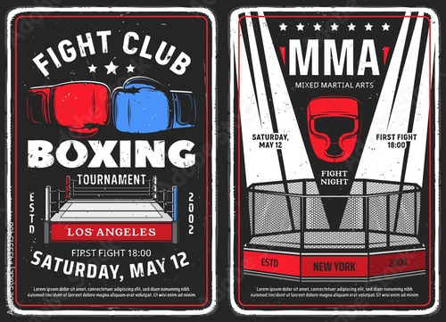 Boxing and mixed martial arts club grunge posters. Boxing ring and gloves, MMA octagon cage and light beams. Fighting club tournament, sport competition retro vector banner or grungy flyer template
