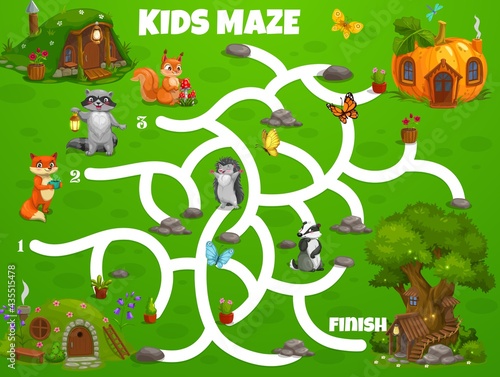 Kids labyrinth maze game fairy houses and dwellings. Vector boardgame help forest animals find homes in forest. Child riddle with cute cartoon characters fox, squirrel, raccoon with badger or hedgehog