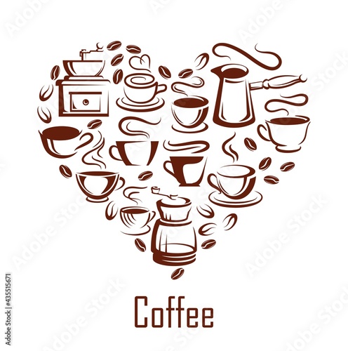 Steaming coffee cups, pots and beans in heart poster or banner, vector. Cafe, coffeshop or coffeehouse hot drinks in heart with hot americano cup with steam, cappuccino and americano drinks