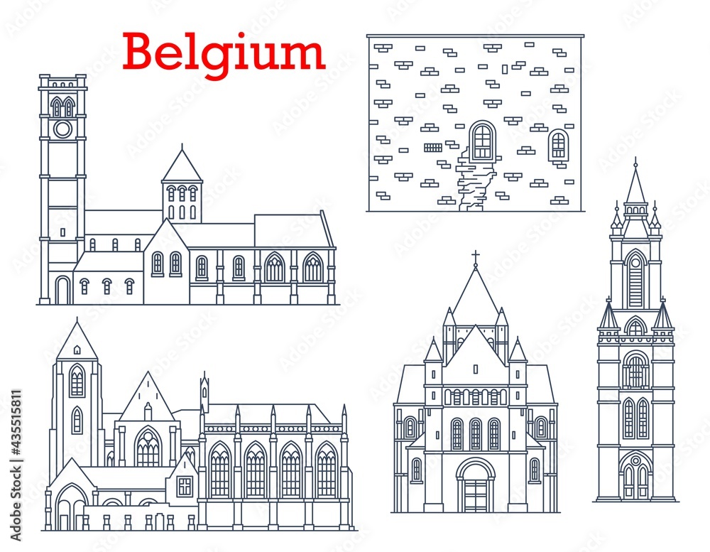 Belgium travel landmarks, architecture and buildings, vector cathedrals and churches. Belgium landmarks of Saint Quentin and St Brice church in Leuven and Tournai, Our Lady cathedral in Courtray