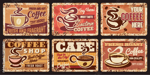 Coffee metal rusty plates, cafe breakfast drinks vector vintage posters. Cafe bar menu signs, coffee shop and cafeteria espresso or cappuccino cup with coffee beans, vintage metal rust plates