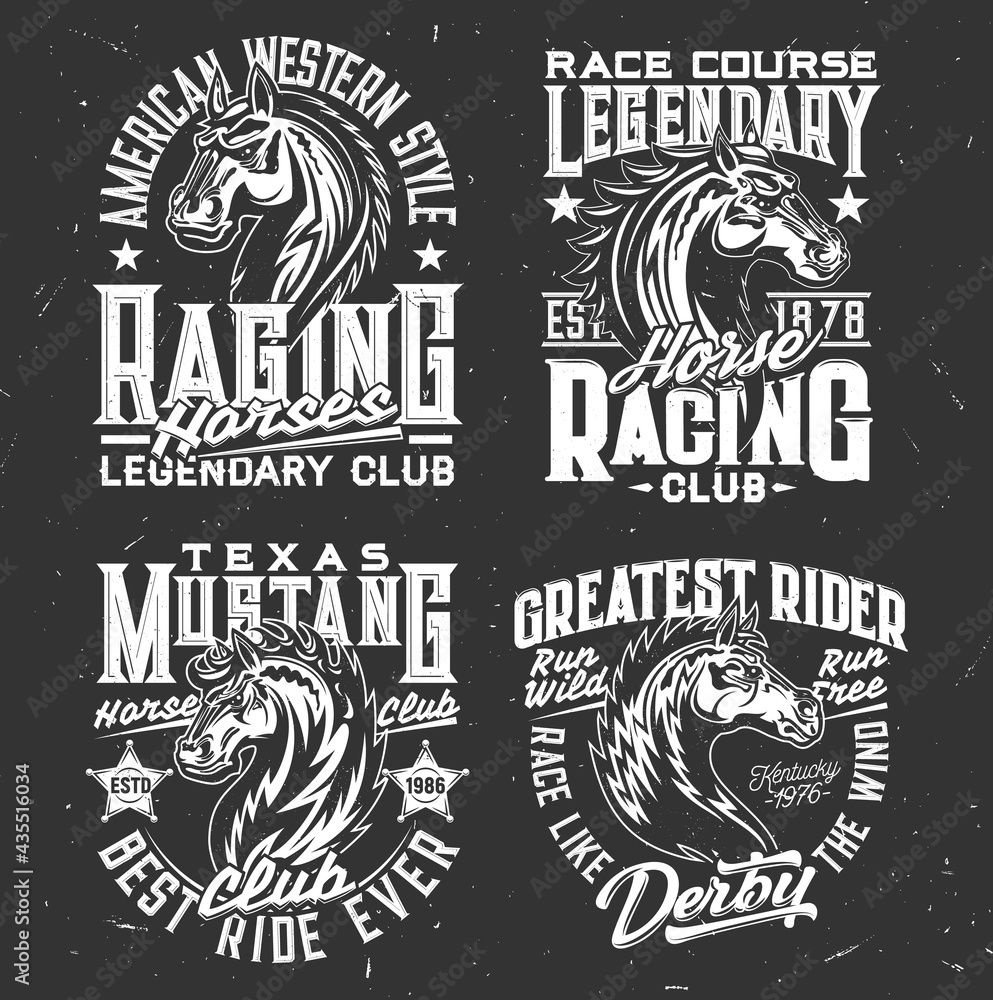 Tshirt prints with horse stallion heads, equestrian sport, racing club vector mascot. Mare animal, horse and typography on black grunge background. Bronco sports team monochrome t shirt prints set