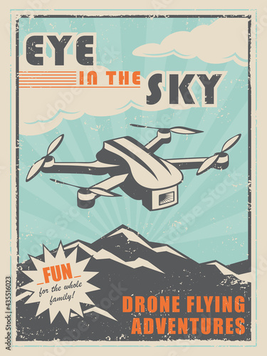 A vintage style poster advertisement for an electronic drone 