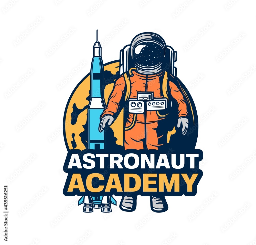 Astronaut academy icon. Vector spaceman in spacesuit, rocket spaceship and planet. Space discovery and galaxy exploration program, cosmonaut, spaceman or astronaut training center emblem