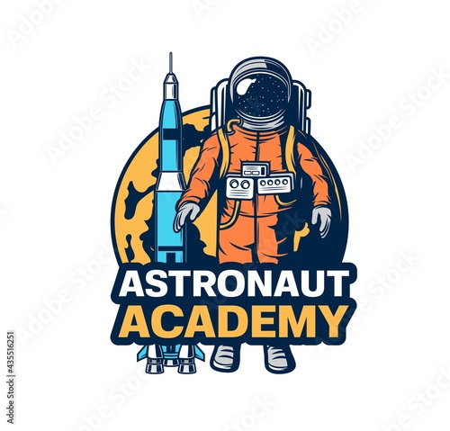 Astronaut academy icon. Vector spaceman in spacesuit, rocket spaceship and planet. Space discovery and galaxy exploration program, cosmonaut, spaceman or astronaut training center emblem