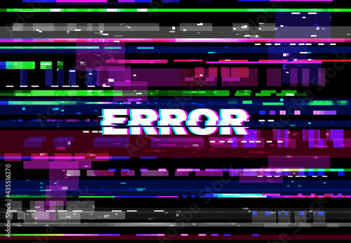 Glitch error screen, VHS video problem, color pixels and lines, noise background. vector no signal glitched error, random pixelized colorful backdrop. Vintage digital distortion, messy noisy pattern