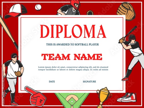 Baseball diploma, sport team award certificate and victory cup appreciation, vector template. Baseball tournament and softball league championship diploma award with players and golden cup on field