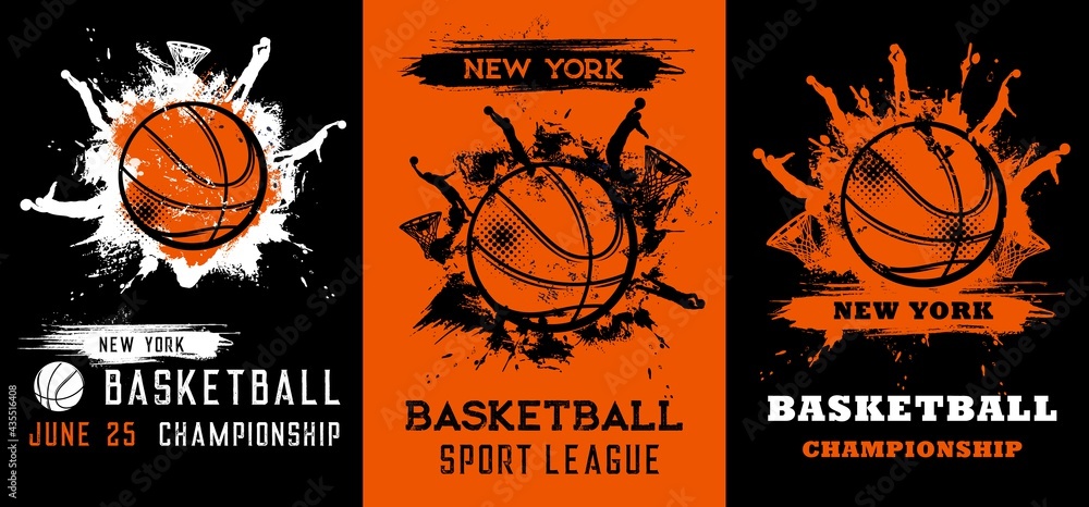 Basketball championship game grunge posters, sport competition vector flyers. Basketball players jumping with ball, doing slam dunk in hoop, black, orange and white paint smudges, blobs or splatters