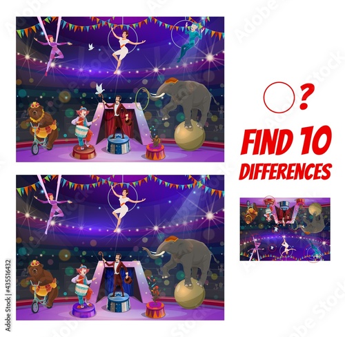 Kids game with circus performers. Find ten differences maze, cartoon vector clown characters , tamer, aerial gymnasts and animals on big top tent. Educational children riddle, leisure activity test