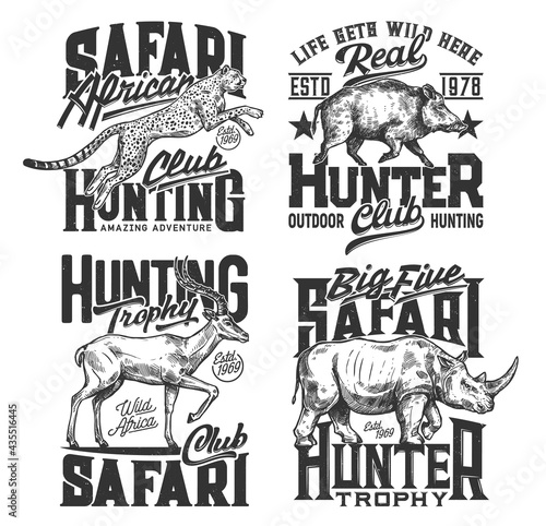 Safari hunting t shirt prints, hunt club animals and hunter trophy vector icons. African safari hunt wild animal leopard or cheetah panther, rhinoceros, hippopotamus, gazelle and board, hunt adventure