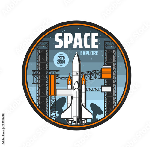 Space explore icon. Spaceship and telescopes antennas, space shuttle with heavy rocket carrier on launch pad. Space discovery program, galaxy observation with radio telescopes retro vector emblem