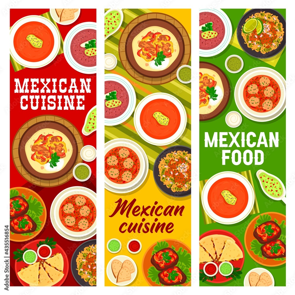 Mexican cuisine meals with meat and spicy sauces banners. Beefsteak with peppers, meatball, tomato chili and salsa bean soup, salsa verde, mexican bread and beef tongue, Fajitas, quesadilla vector Mexican cuisine meals with meat and spicy sauces banners. Beefsteak with peppers, meatball, tomato chili and salsa bean soup, salsa verde, mexican bread and beef tongue, Fajitas, quesadilla vector