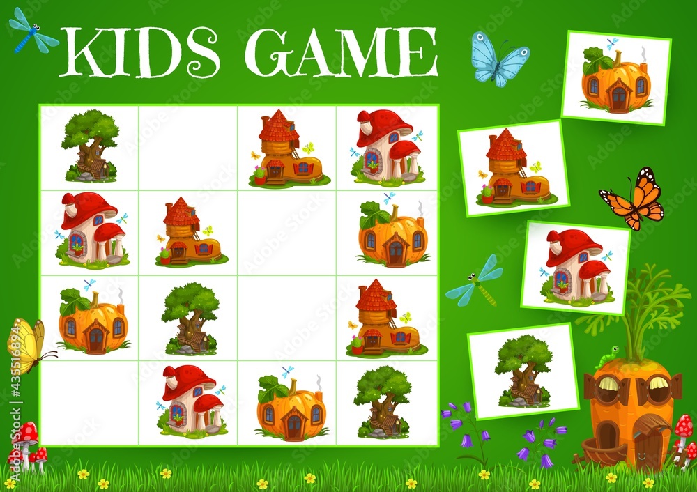 Sudoku game fairy houses of elves and gnomes. Vector carrot, boot, tree and mushroom on chequered board with cards. Kids task with cute dwellings, teaser boardgame for children sparetime activity