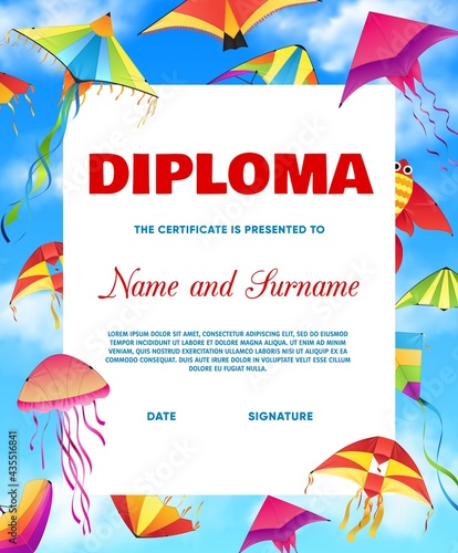 Kids diploma with vector kites flying in cloudy sky frame background. Student certificate of education achievement, school graduation diploma, preschool pupil honor gift or appreciation award template