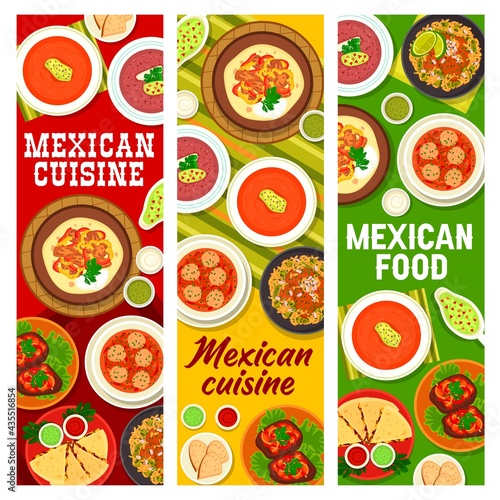 Mexican cuisine meals with meat and spicy sauces banners. Beefsteak with peppers, meatball, tomato chili and salsa bean soup, salsa verde, mexican bread and beef tongue, Fajitas, quesadilla vector