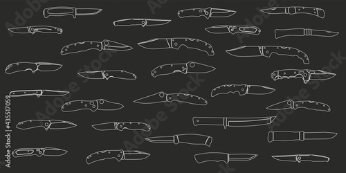 Different types of knives on a black background. Linear pattern. Vector graphics
