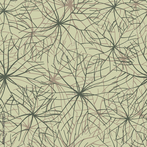 Khaki geometric seamless pattern. Linear branches. Olive beige shades. Vector graphics