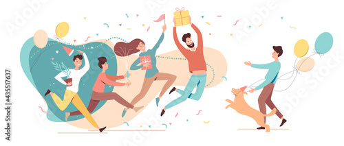 Birthday party. Birthday greeting concept. Group of happy guests came to surprise and celebrate the birthday party. Flat vector illustration