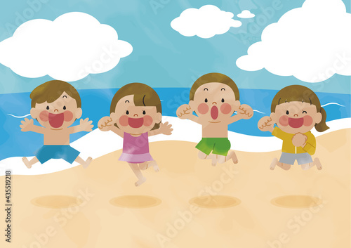 海辺で水着でジャンプする小学生の子供たち © 馬上 雄規 
