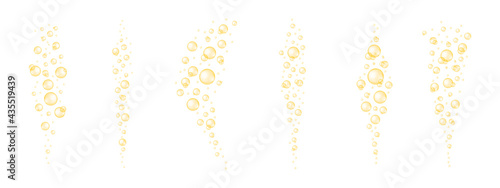 Golden shiny bubbles streaming set. Glossy collagen, serum, jojoba cosmetic oil, vitamin A or E, omega fatty acids balls collection. Vector realistic illustration.