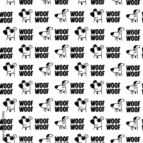 Seamless hand drawn pattern with dog. Woof woof background for fabric, textile design or wrapping paper.	 photo