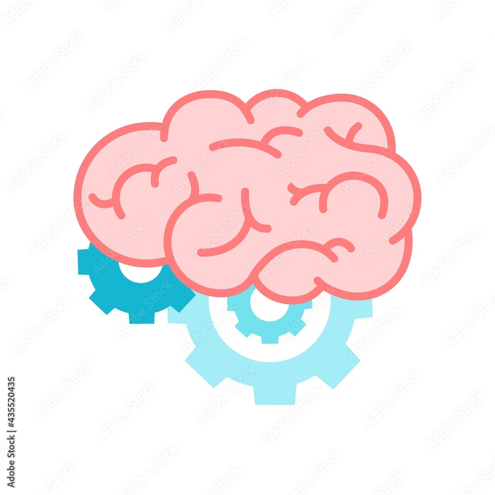 Color human brain with gears icon in flat. Creative thinking, education, research, business idea concept. Design for learning, problem solving, trainings, courses. Vector illustration
