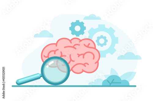 Colorful human brain with gears, magnifying glass in flat style. Creative thinking, education, research, business idea, mental health concept. Design for learning,  trainings, courses.